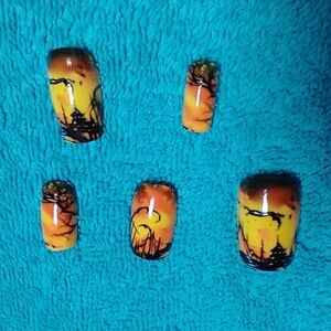 Press on nails castle sunset black yellow orange art nail set